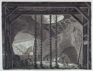 Design de palco, homens construindo prédio na caverna