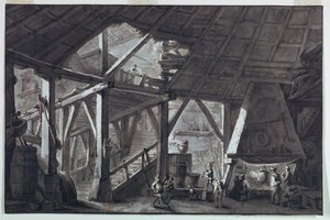 Design de palco, interior de prédio de fazenda em ruínas