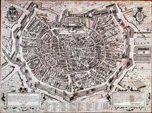 Mapa da cidade de Milão, editado por Antonio Lafreri (Lafrery ou Lanfrerius) (1512-1577) em 1573. Este é o mapa mais antigo da cidade. Milão, Museu de Milão - Mapa de Milão. O mapa mais antigo da cidade em 1573, editado por Antonio Lafreri. Itália, Museu d