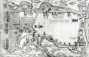Mapa ilustrando La Rochelle ocupado pelos huguenotes