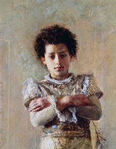 Acrobat, detalhe, por Antonio Mancini (1852-1930), óleo sobre tela, 250,5x111,5 cm de Antonio Mancini