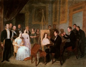 Dodge no seu estúdio pintando o retrato da Rainha Isabel II de Espanha (1830-1904). Pintura de Antonio Maria ESQUIVEL Y SUAREZ DE URBINA (1806-1857)