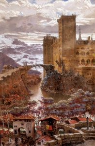 Vista de um castelo romântico. Pintura de Antoni Munoz i Degrain (1841-1924). O início do século XX. Valência. Museu de Belas Artes San Pio V.