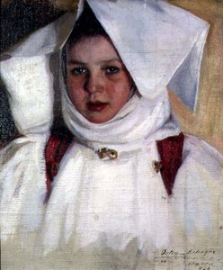 Rapariga com um vestido branco e boné (óleo sobre tela) de Antonio Ortiz Echague