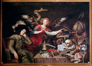 Um anjo mostra o sonho de um cavaleiro adormecido, feito de vaidade e orgulho, jogo, dinheiro, jóias (Pintura