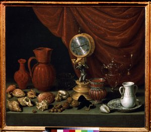 "Natureza morta com relógio" Pêndulo, jarro, conchas, nozes, cristal. Pintura de Antonio de Pereda y Salgado (1611-1678) 1652 Museu Pushkin, Moscou