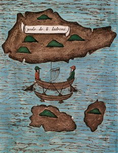 Islas de los Ladrones (hoje Ilhas Marianas), lenha colorida da Relazione del primo viaggio intorno al mondo con Ferdinando Magellano (Relatório da primeira viagem ao redor do mundo com Ferdinando Magellano) de Antonio Pigafetta