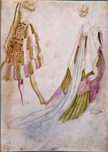 Um homem e uma mulher em roupa de tribunal Watercolour, pena e lavagem por Antonio di Puccio Pisano dit Pisanello (antes de 1395-1455) 1450 Sol. 0,27x0,19 m Chantilly, Musee Conde de Antonio Pisanello