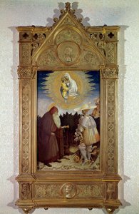 Aparição da Virgem a Santo Antônio Abade (Santo Antônio o Grande (250/251-356) (ou Santo Antônio o Eremita) e São Jorge. Pintura de Antonio di Puccio Pisano dit Pisanello (1395-1455)