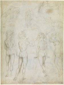 Quatro estudos de um nu feminino, uma Anunciação e dois estudos de uma mulher a nadar, c.1425 (ponta metálica, caneta e lápis em castanho sobre pergaminho) de Antonio Pisanello