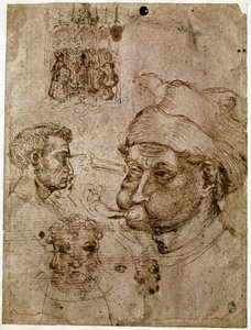 Quatro cabeças de homens, duas das quais com três caras. Um retábulo. Um cavalo. Desenhos da oficina de Antonio di Puccio Pisano dit Pisanello (1395-1455). Tinta marrom, caneta (desenho), sangue. Dim: 27,1x20,5cm. Louvre, Cabinet des medailles. de Antonio Pisanello