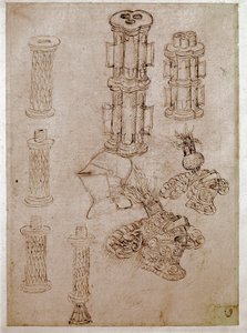 Três capacetes cobertos com coletes e duas peças de armas demolidas. Desenho de Antonio di Puccio Pisano dit Pisanello (1395-1455) Tinta marrom, pedra preta, pena. Dim: 28,7x20,6cm. Louvre, desenhando firme de Antonio Pisanello