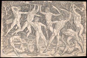 Batalha dos Nus por Antonio del Pollaiolo, c.1470-90 (gravura a p-b)