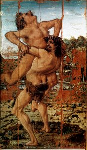 As doze obras de Hércules: "Heracles (Hércules) Lift the Giant Ante" Pintura de Antonio Benci chamada The Pollaiolo (Pollaiuolo) (1431-1498)