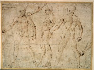 Três homens nus. Desenho de Antonio Pollaiuolo (Pollaiolo) (1432-1498)