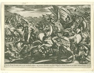 Ataque de cavalaria com dois homens trespassados por lanças
Cenas de batalha (série 3) (título da série) de Antonio Tempesta