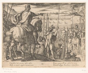 Alexandre, o Grande, instrui os soldados macedônios Os feitos de Alexandre, o Grande (título da série) Alexandri magni praecipvae res gestae (título da série) de Antonio Tempesta