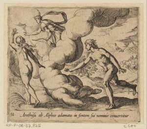 Arethusa é perseguida por Alpheus
Arethusa ab Alpheo adamata in fontem sui nominis convertitur (título sobre o objecto)
Metamorfoseon sive transformationum (título da série)
Metamorfoses de Ovid (título da série) de Antonio Tempesta