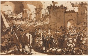Cena de batalha com um forte, primeiro terceiro século XVII. de Antonio Tempesta