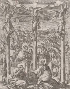 Cristo crucificado entre os dois ladrões, as três Marias ao pé da cruz, 1612. de Antonio Tempesta