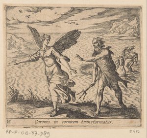 A coroa mudou para een kraai Uma coroa é transformada em cornija (título no objeto) Metamorfoseon ou transformações (título da série) Metamorfosen van Ovidius (título da série) de Antonio Tempesta