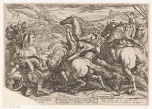 Israelitas derrotados pelos cananeus por desobedecerem a Moisés
Hebrael sine Moysis iperio cv cananaels congressi fundutur (título sobre o objecto)
Cenas de batalha do Antigo Testamento (título da série) de Antonio Tempesta