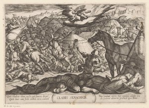 O anjo da morte conquista o exército de Senaqueribe Clades Senachrib (título no objeto) Cenas de batalha do Antigo Testamento (título da série) de Antonio Tempesta