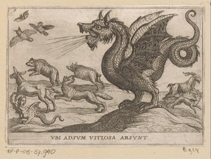 Um dragão assusta outros animais Ubi adsum vitiosa absunt (título no objeto) Animais de luta (título da série) de Antonio Tempesta