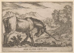 Um unicórnio afasta os lagartos de um lago
Non vi sed virtute (título sobre o objecto)
Animais de combate (título da série) de Antonio Tempesta