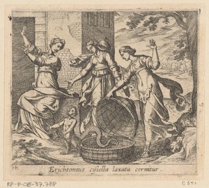 Erichthonius soltou do seu cesto
Erichtonius cistella laxata cernitur (título sobre o objecto)
Metamorfoseon sive transformationum (título da série)
Metamorfoses de Ovid (título da série) de Antonio Tempesta