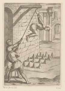 Tortura: queda em pontas afiadas
Tortura sofrida pelos mártires cristãos (título da série)
Varia tormentorum et supplicioru crudelium (...) (título da série) de Antonio Tempesta