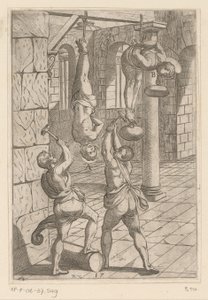 Tortura com martelos enquanto pendurado
Tortura sofrida pelos mártires cristãos (título da série)
Varia tormentorum et supplicioru crudelium (...) (título da série) de Antonio Tempesta