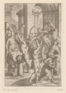 Tortura com espada, lança e arco e flecha Torturas sofridas por mártires cristãos (título da série) Varia tormentorum et supplicioru rawlium (...) (título da série) de Antonio Tempesta