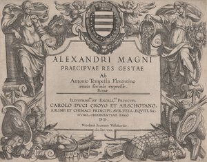 Frontispício da vida de Alexandre, o Grande, à esquerda está Bellona e à direita uma mulher ..., 1608. de Antonio Tempesta