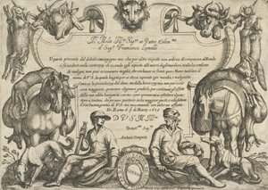 Frontispício com caçadores, cães e cavalos, de 