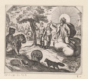 Deus proíbe Adão e Eva de comer da árvore do conhecimento Criação (título da série) de Antonio Tempesta
