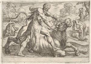 Hércules e Achelous: no centro, Hércules agarra os chifres de um touro enquanto pressiona seu ri ..., 1608. de Antonio Tempesta