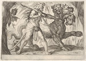 Hércules e Cérbero: Hércules agarra o colar de Cérbero, dois demônios aparecem à esquerda ..., 1608.