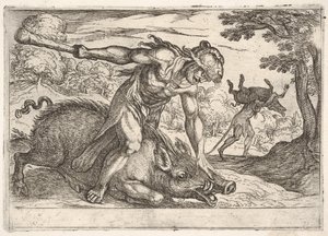 Hércules e o Javali de Erymanthus: Hércules segura o focinho dos javalis com a mão esquerda, ... 1608.