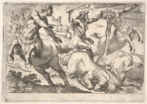 Hércules e os centauros: Hércules segura a cabeça de um centauro com a mão esquerda e rai ..., 1608.