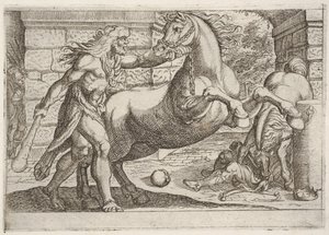 Hércules e as éguas de Diomedes: Hércules agarra o freio de um cavalo de criação, um segundo ..., 1608.