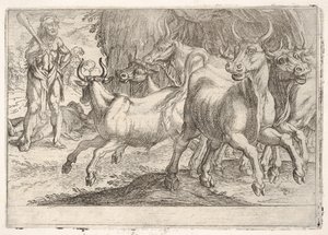 Hércules e os bois de Geryones: com um taco erguido pela mão direita, Hércules confronta ..., 1608.