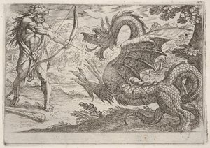 Hércules e a Serpente Ladon: Hércules puxa seu arco, a serpente empinada aparece em pro..., 1608.