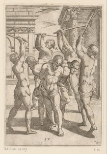 Bater em três santos com as costas atadas
Torturas sofridas por mártires cristãos (título da série)
Varia tormentorum et supplicioru crudelium (...) (título da série) de Antonio Tempesta