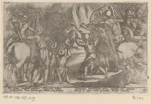 Jagers vangen een reuzenslang Diversos jacht-en strijdscènes (título da série) Caça de feras, pássaros e peixes. Batalhas de feras: e feras mútuas (título da série) de Antonio Tempesta
