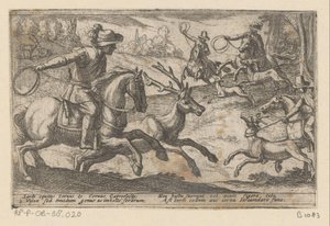 Os caçadores apanham veados com cordas
Várias cenas de caça e batalha (título da série)
Venationes Ferarum, Avium, Piscium Pugnae bestiariorum: et mutuae bestiarum (título da série) de Antonio Tempesta