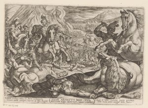 Josué paralisa os cavalos e queima os carros das nações Iosue absoluto bello crura hostium equis amputat, currus comburit (título no objeto) Cenas de batalha do Antigo Testamento (título da série) de Antonio Tempesta