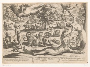 Caim mata Abel
Cainus fratri necem molitur (título sobre o objecto)
Cenas de batalha do Antigo Testamento (título da série) de Antonio Tempesta