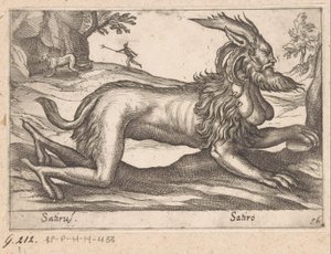 criatura monstruosa Sátiro/ Sátiro (título no objeto) Animais e criaturas míticas (título da série) Nova raccolta de li animali piu curiosi del mondo (título da série) de Antonio Tempesta
