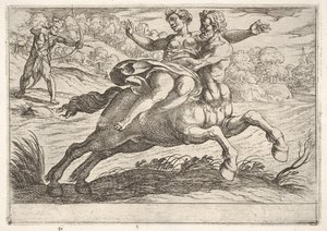 Nessus tentando tirar Dejanira de Hércules: Nessus impede Dejanira de costas wh ..., 1608. de Antonio Tempesta